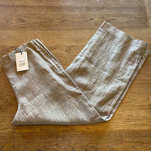 Theory Beige Pin Stripe Size 8 Linen Pull on Straight Leg Pant Elastic Waist 404 - Picture 1 of 3
